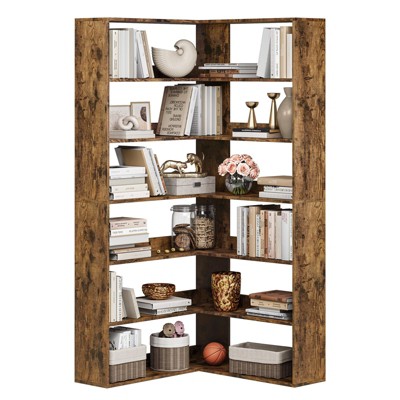 GustoWave Corner Bookshelf, 6-Tier Tall Wooden Corner Bookcase with Baffles, Open Bookshelf L-Shaped Storage Display Rack, Bookcases Shelf Unit