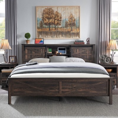 SinCiDo Farmhouse Full Size Bed Frame w/Storage Bookcase Headboard & Charging Station, Wood Platform Bed w/Wood Slat Support