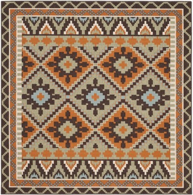 Veranda Green & Terracotta 5'3" Square Synthetic Outdoor Rug