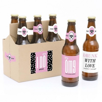 Big Dot of Happiness Omg, You're Getting Married - Engagement Party Decorations for Women - 6 Beer Bottle Label Stickers and 1 Carrier