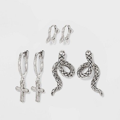 Huggie Hoop Cross and Snake Trio Earring Set 3pc - Wild Fable™ Silver