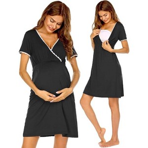 Ekouaer Nursing Nightgown Delivery and Labor Gown for Hospital Short Sleeve Maternity Breastfeeding Dress - 1 of 4