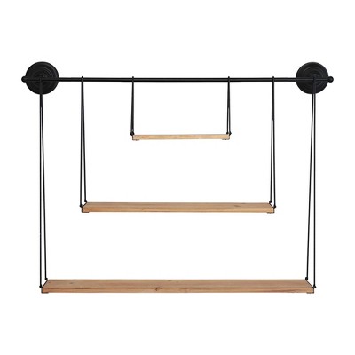 Stratton Home Decor Extra Large Adjustable 3 Tier Wall Mounted Hanging Shelf with Natural Fir Wood and Metal Detailing, Black