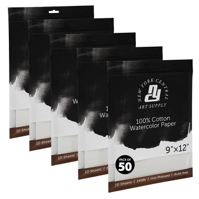 New York Central Watercolor Paper Sheets, 9x12 Inch, 140lb Hot Press, Pack of 50 - Professional Grade, Acid-Free, Archival - For Wet and Dry Media
