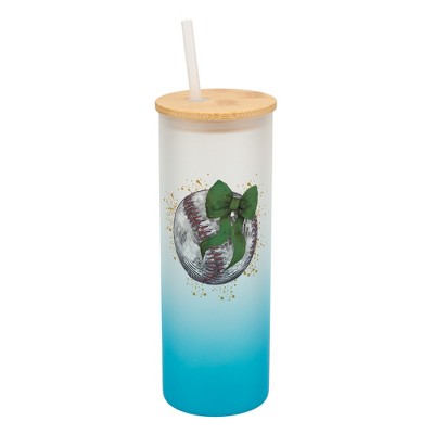 Elanze Designs 25 Ounce Frosted Glass Gradient Travel Tumbler With Straw and Wooden Lid, Baseball With Green Bow Sky Blue