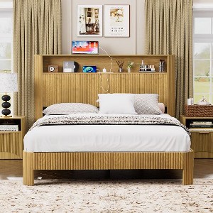 CAVINAS Wave-Panel Platform Bed Frame with Storage Headboard & Charging Station, Sturdy Metal & Wood Queen Size Bed Frame, Noise-Canceling Design - 1 of 4