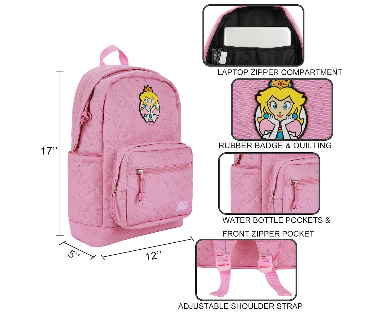 Рюкзак Super Mario Brothers Princess Peach 17" Quilted Adult, цвет: Персиковый — фото 4
