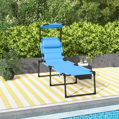 Light Blue Adjustable Outdoor Chaise Lounge with Cushions and Sun Shade