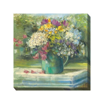 Cottage Garden West of The Wind Picnic Posies Green, Red, Yellow 24 x 24 Inch Waterproof Gallery Wrapped Canvas, Outdoor Garden, Yard, Patio All