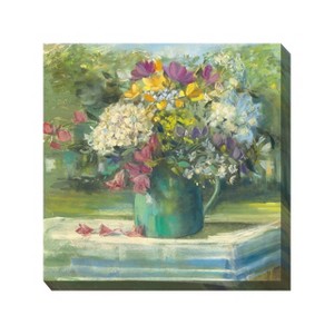 Cottage Garden West of The Wind Picnic Posies Green, Red, Yellow 24 x 24 Inch Waterproof Gallery Wrapped Canvas, Outdoor Garden, Yard, Patio All - 1 of 2