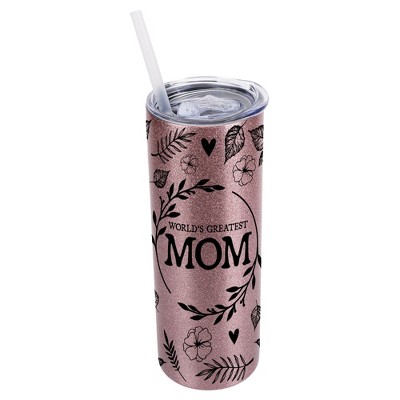 Elanze Designs Floral Bubblegum Pink 20 Ounce Double Wall Stainless Steel Glitter Travel Tumbler With Sliding Lid And Straw, World's Greatest Mom