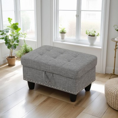 DOMETOUR Gray Linen Storage Ottoman - Fabric Upholstered Footrest with Hidden Storage, Modern Accent Bench for Living Room or Bedroom