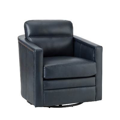 Eulalia 28.74''Wooden Upholstery Wide Genuine Leather Swivel Chair with Swivel Metal Base and  Squared Arms | ARTFUL LIVING DESIGN