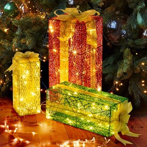 Angel Sar Set of 3 Lighted Christmas Gift Boxes with 90 LED Warm White Lights, Nestable Holiday Decor with Stakes for Porch, Yard, Tree - 1 of 4