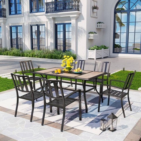 7pc Patio Dining Set with Rectangular Faux Wood Table with Umbrella Hole Metal Chairs Captiva Designs