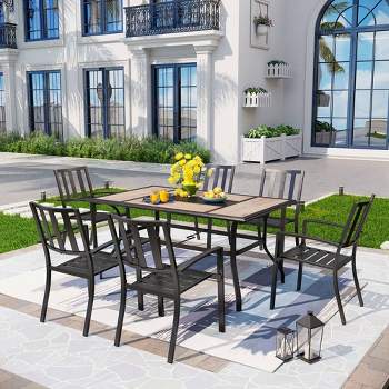 7pc Patio Dining Set with Rectangular Faux Wood Table with Umbrella Hole & Metal Chairs - Captiva Designs