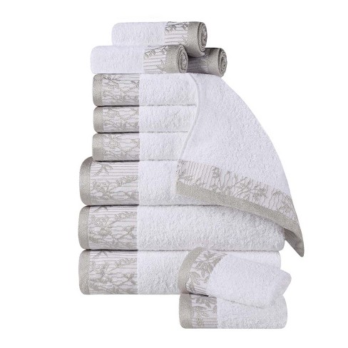 100% Cotton Medium Weight Floral Border 12 Piece Assorted Bathroom Towel  Set, White-White - Blue Nile Mills