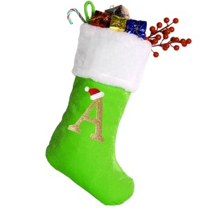 Aoibox 1 Piece 20 Inch Monogram Christmas Stocking with Letter Green Velvet White Plush Cuff Large Hanging Loop Holiday Decor - 1 of 4