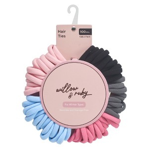 Willow & Ruby 100pc Hair Ties for Women – Elastic Ponytail Holders for All Hair Types, Strong & Stretchy Hair Bands in Black, Pink, Gray, and Blue - 1 of 3