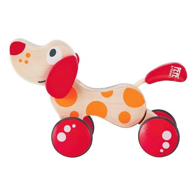 Hape Walk A Long Pepe the Puppy Wooden Push Pull Toy Can Sit, Stand, Roll, with Rubber Rimmed Wheels, for Toddlers Ages 1 and Up, Red and Orange