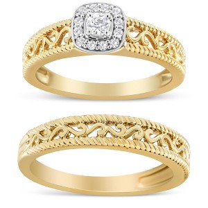 14K Yellow Gold Plated Silver 1/5 Cttw Diamond Engagement Ring Bridal Set - 1 of 4