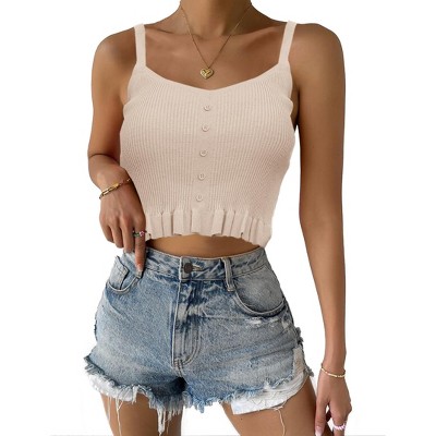 Womens Knit Camisole Tank Tops Strap Cropped Tank Tops with Ruffle Hem Front Button V Neck Cropped Camisole