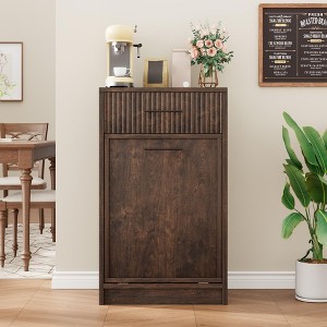 Fluted Tilt Out, Hidden Garbage 10 Gallon, Freestanding Dog Proof Trash Cabinet, Wooden Trash Can Cabinet for Kitchen Dining Living Room, Walnut - 1 of 4
