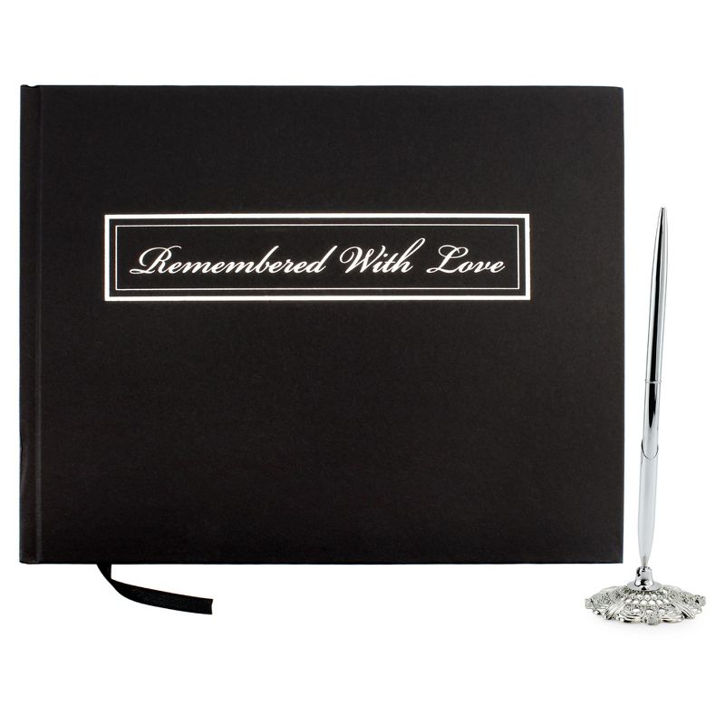 Cornucopia Brands Funeral Guest Book and Pen w/ Stand Set; Remembered w/ Love, 1 of 7