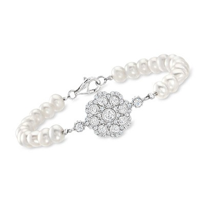 Ross-Simons 5.5-6mm Cultured Pearl and 1.90 ct. t.w. White Topaz Bracelet in Sterling Silver Size 7