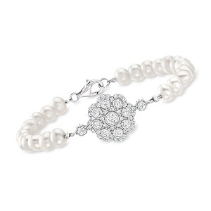 Ross-Simons 5.5-6mm Cultured Pearl and 1.90 ct. t.w. White Topaz Bracelet in Sterling Silver Size 7 - 1 of 3