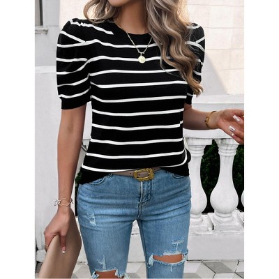 Women's Casual Short Puff Sleeve Crew Neck Striped T Shirts Summer Tops