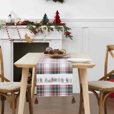 Holiday Plaid Cotton Table Runner with Embroidery and Tassels