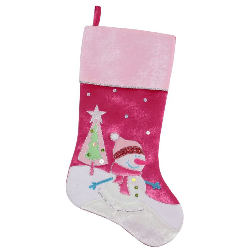 Northlight 20.5" Pink Embroidered Ice Skating Snowman and Christmas Tree Stocking, 1 of 4