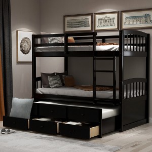 Twin Over Twin Bunk Bed with Trundle & Storage Drawers, Wooden Bunk Bed with Ladder & Safety Rail for Kids & Teens, White/Gray/Espresso - ModernLuxe - 1 of 4
