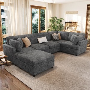 TIRAMISUBEST 6-Piece U or L Shaped Sectional Sofa Set with Movable Ottoman, Chenille Convertible Modular Corner Couch - 1 of 4