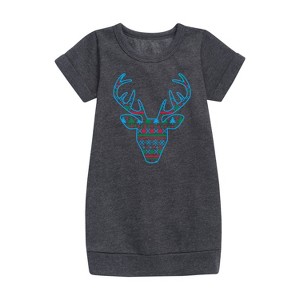 - Instant Message - Pixel Sweater Deer Christmas Graphic Short Sleeve Fleece Dress - 1 of 4