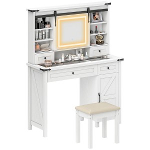 HOMCOM 42" Glass Top Vanity Desk Set with Mirror and Lights, Stool, Dressing Table with Storage Drawer, Cabinet, Shelves - 1 of 4