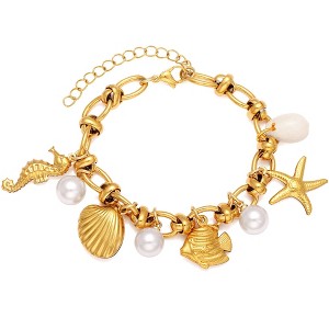 Seashell Charm Bracelet for Women by Ginger Lyne Gold Plated Stainless Steel Pearls Starfish and Shells - 1 of 4
