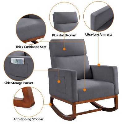 Gray Upholstered Rocking Chair with Rubber Wood Legs and Side Pockets