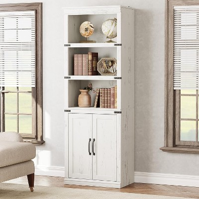 Farmhouse Book Case with Doors, 5 Tier Book Shelf with Cabinet, Wood 5 Shelf Book Case