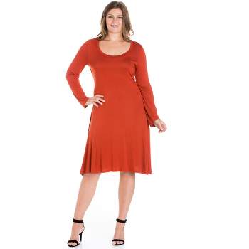 24seven Comfort Apparel Long Sleeve Fit And Flare Plus Size Midi Dress-r0066161-rust  : Target