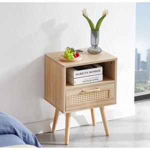 KTMBDW 15.75" Rattan Nightstand, Boho Side Table with Power Outlet & USB Ports, Cane Accent Bedside End Table with Drawer Open Shelf for Bedroom - 1 of 4