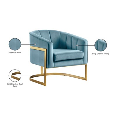 Aqua Velvet Barrel Accent Chair with Gold Stainless Steel Base