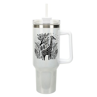 Elanze Designs 40 Ounce Travel Tumbler With Straw and Lid Stainless Steel Double Wall Insulated Floral Safari Giraffe White Glitter