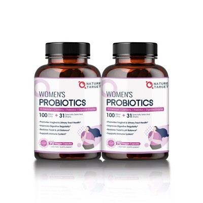 NATURE TARGET Women's Probiotic 2-Pack: 100B CFUs, digestive enzymes, prebiotics, cranberry. Supports gut, vaginal & urinary health. 180 veggie caps