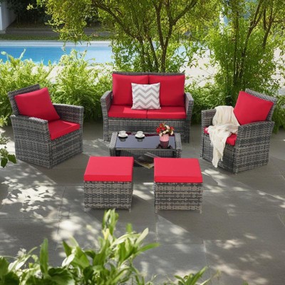 6-Piece Outdoor Patio Rattan Conversation Sofa Set with Tempered Glass Coffee Table