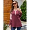 Women's Long Sleeve Waffle Henley Shirts Button Down Round Neck T Shirts Side Splite Color Block Casual Work Blouses - 3 of 4