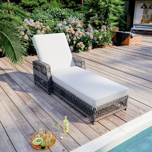 Whisen Outdoor Wicker Long Reclining Chaise with Armrests, Patio Adjustable Recliner with Soft Removable Cushions - 1 of 4