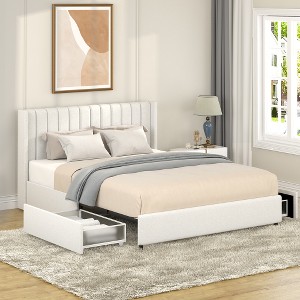 Queen Size Upholstered Bed Frame, Tufted Wingback Headboard Platform Bed With 2 Drawers, Wooden Slats Support, No Box Spring Needed, Easy Assembly - 1 of 4