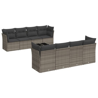 vidaXL 9 Piece Patio Sofa Set with Cushions Gray Poly Rattan - Table + 4x corner + 4x middle